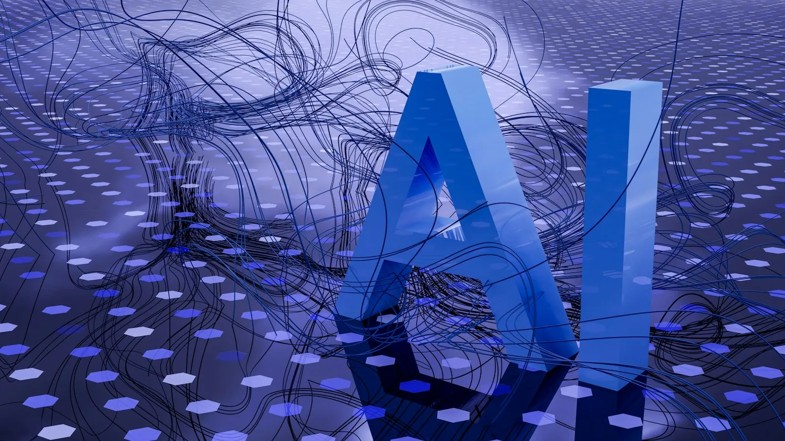 Abstract 3D render of the letters AI on a glowing grid