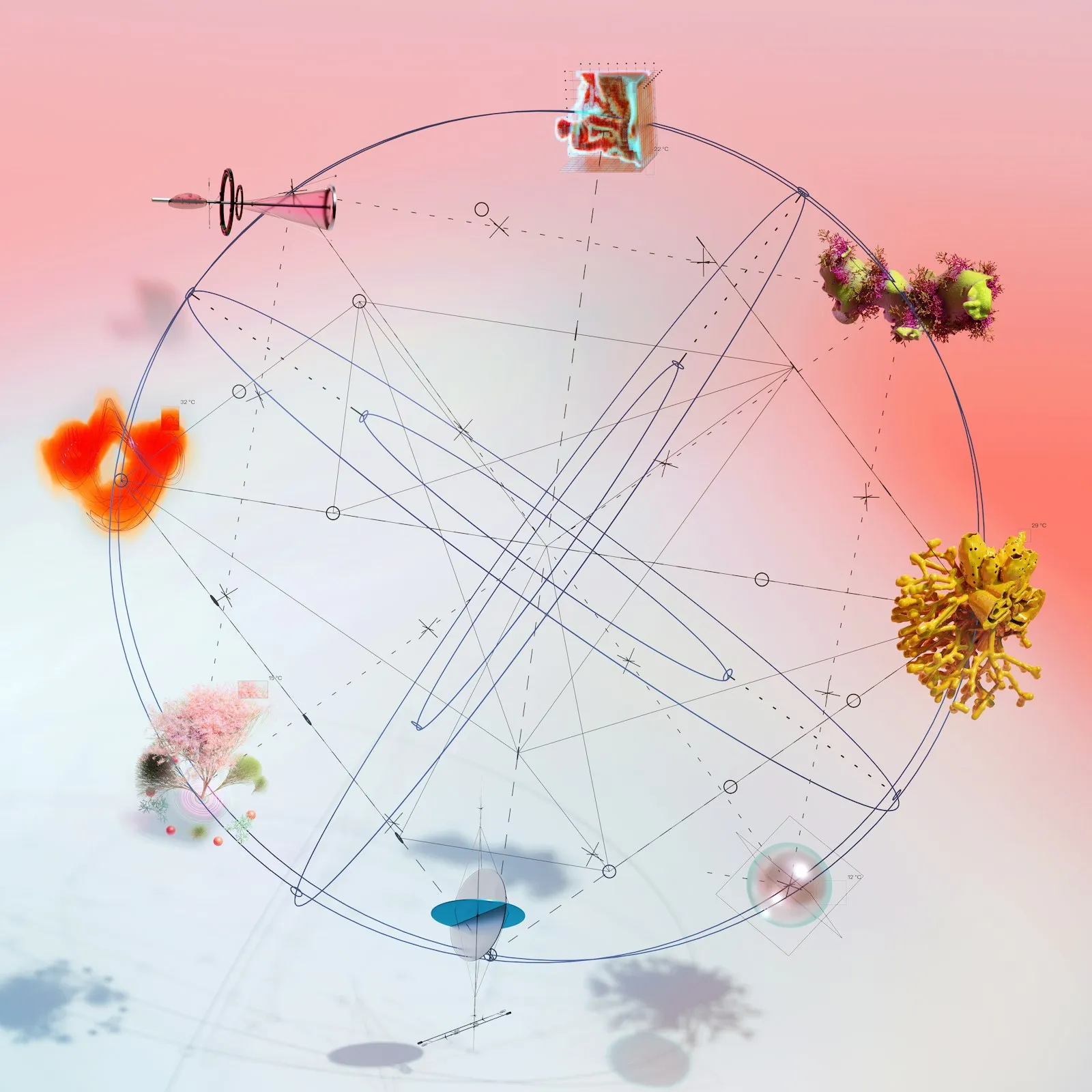Abstract diagram of connected ideas around a circle