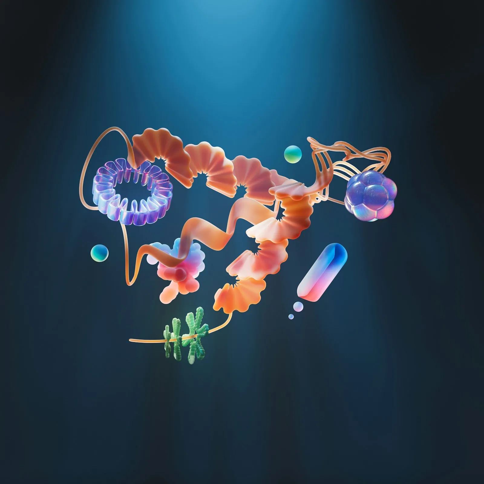 Abstract render of colourful 3D structures on a dark blue background