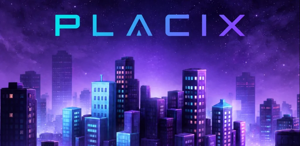 Placix logo over a neon night city