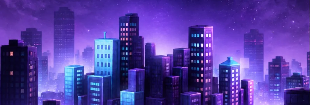 Neon purple night city skyline from the Placix game